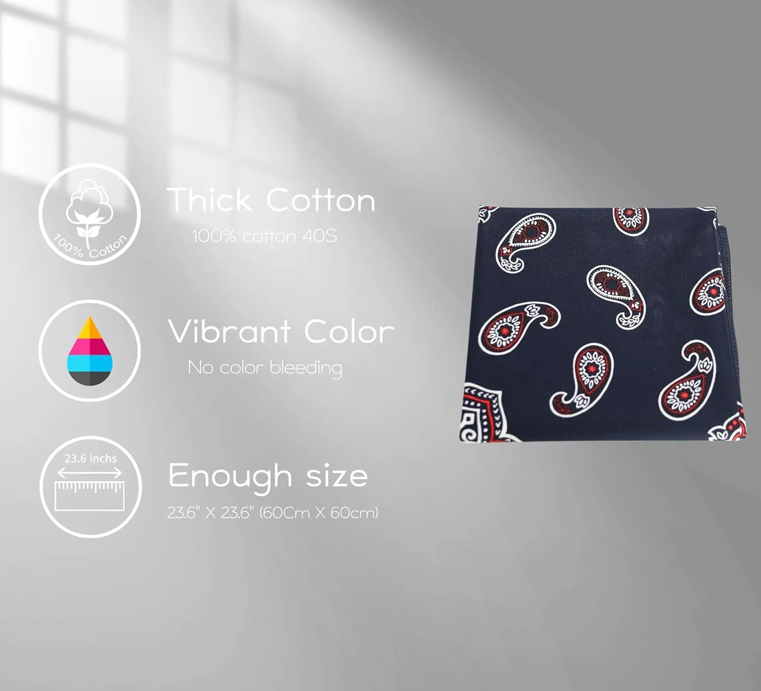 100% Cotton Bandanas, Hair wrapper, Headband, Hair scarf, Neckerchief, 23.6X23.6