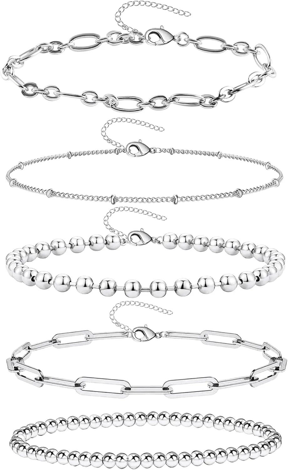 14K Gold Chai14K Gold Chain Bracelets Set for Women, Dainty Paperclip Link Bead Stackable Layered Bracelets Metal Fashion Jewelry