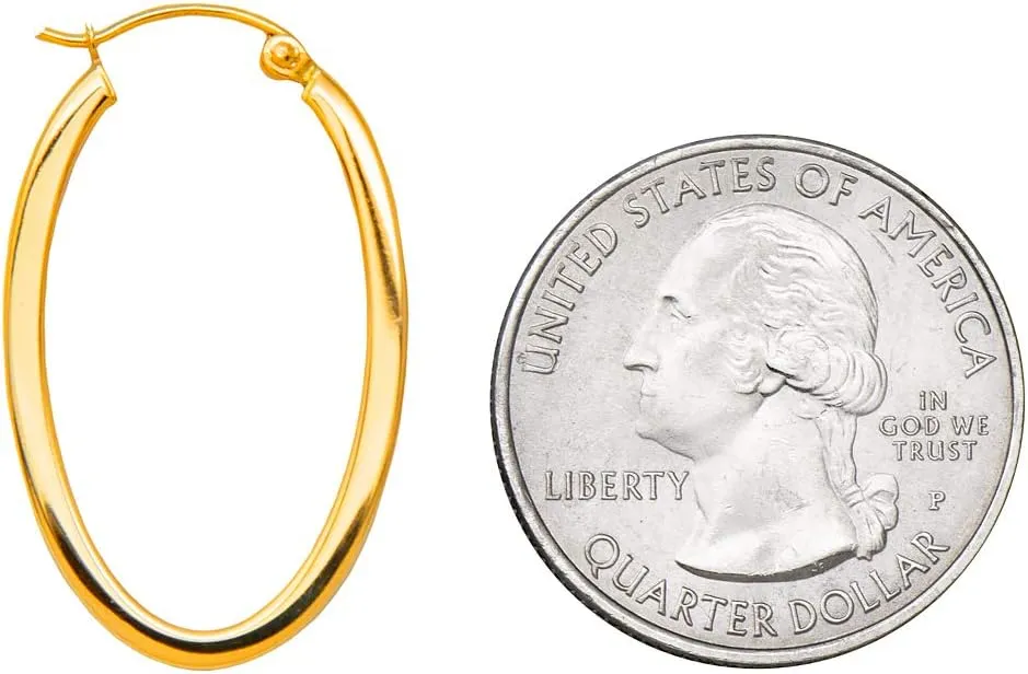 14K Gold Oval Hoop Earrings, (31-52mm) (2mm Tube)