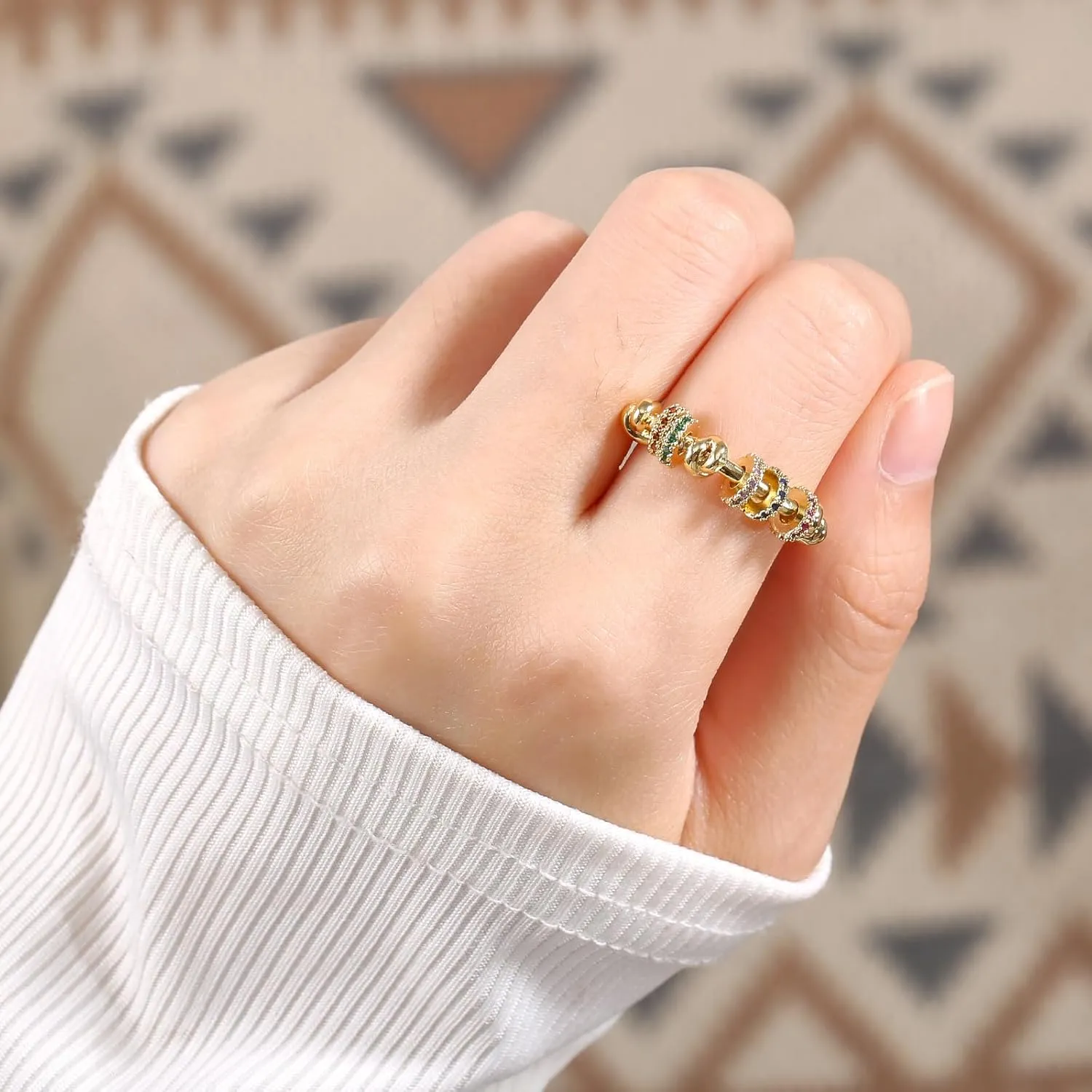 14K Gold Plated Statement Rings Knot Design Simulated Diamond CZ Rotating Circle Finger Knuckle RingThin Cocktail Rings For Women