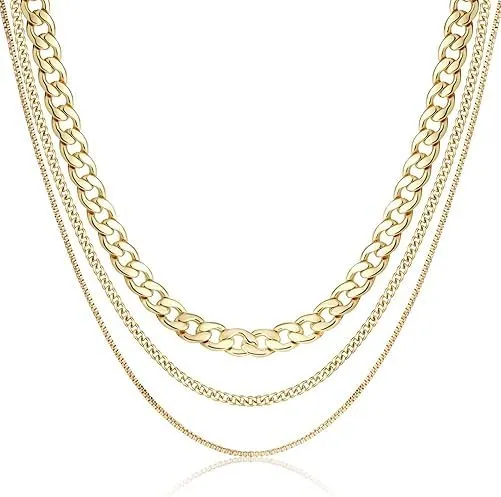 14K Gold/Silver Plated Layered Gold Necklaces for Women Dainty Stackable Choker Necklaces with Cuba Cross & Circle Pendants