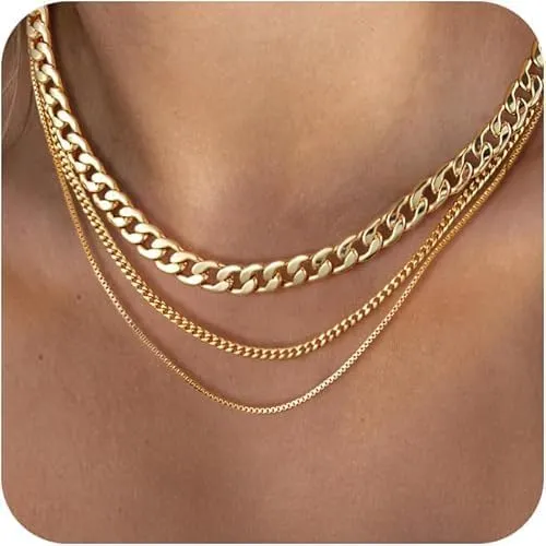 14K Gold/Silver Plated Layered Gold Necklaces for Women Dainty Stackable Choker Necklaces with Cuba Cross & Circle Pendants