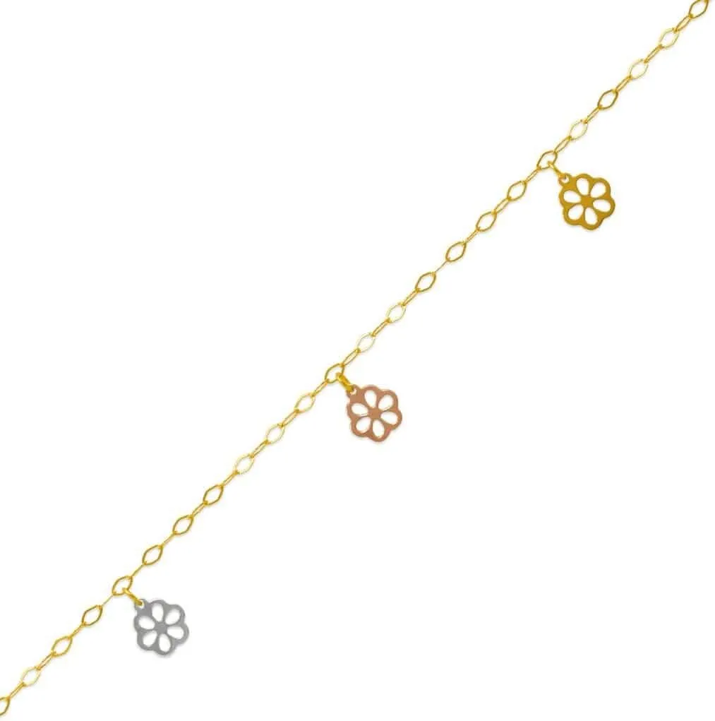 14K Tricolor Gold Charm Bracelet Anklet - Ankle Bracelets - Pretty Foot Jewelry Gift for Women and Her - Summer or Winter Beach Barefoot Due Anklet - 10" Length