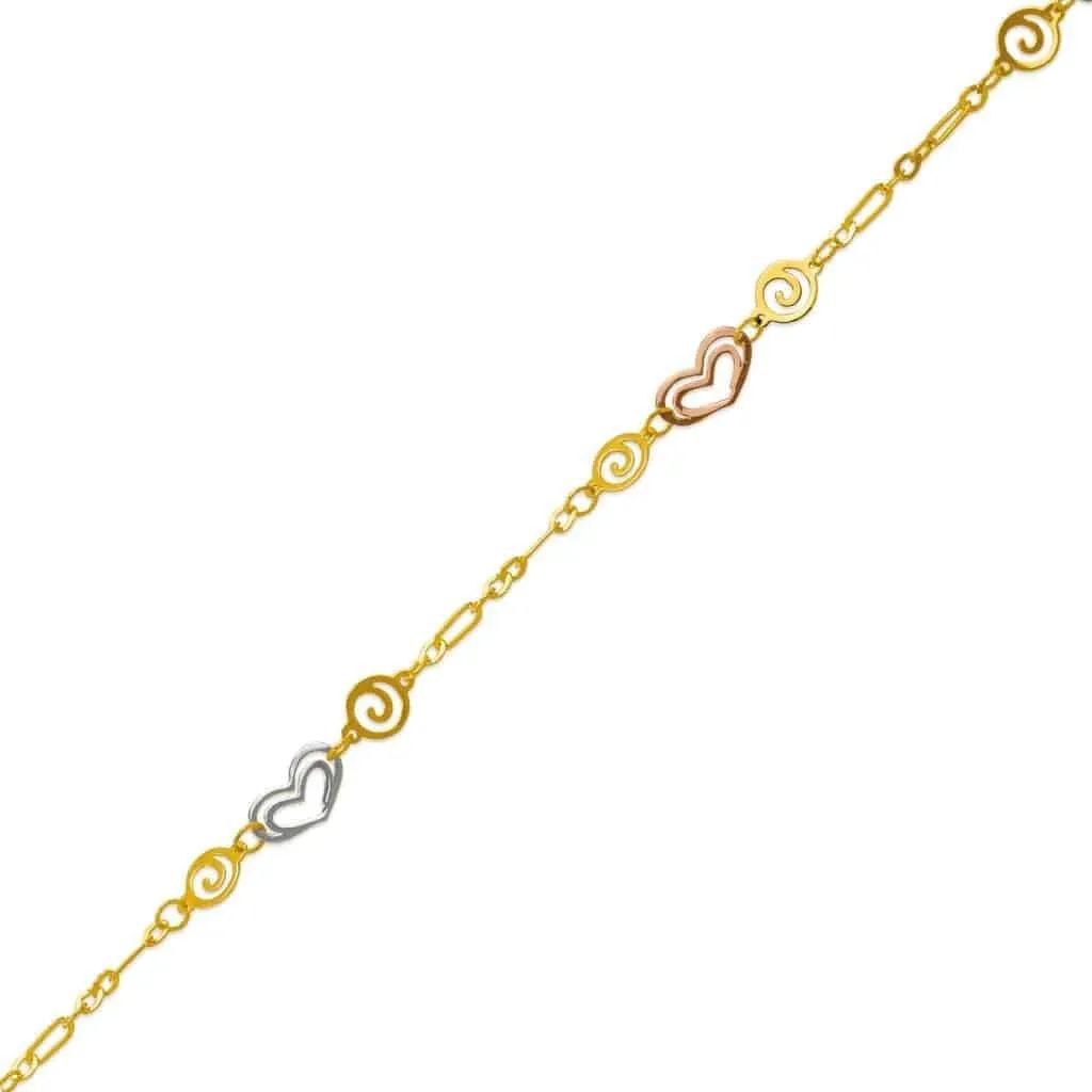 14K Tricolor Gold Charm Bracelet Anklet - Ankle Bracelets - Pretty Foot Jewelry Gift for Women and Her - Summer or Winter Beach Barefoot Due Anklet - 10" Length