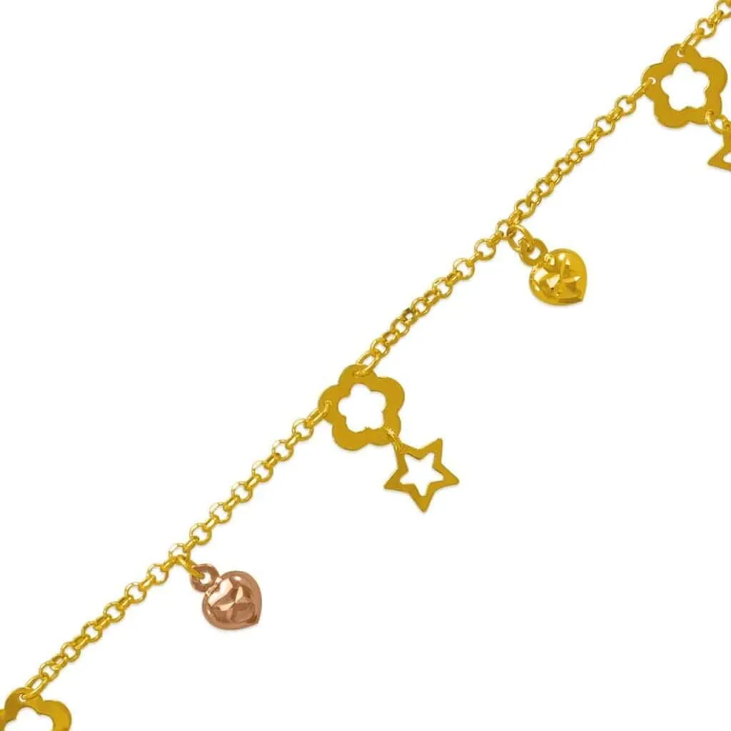 14K Tricolor Gold Charm Bracelet Anklet - Heart and Star Ankle Bracelets - Pretty Jewelry Gift for Women and Her - Summer or Winter Beach Barefoot Due Anklet- 7" to 10" Length