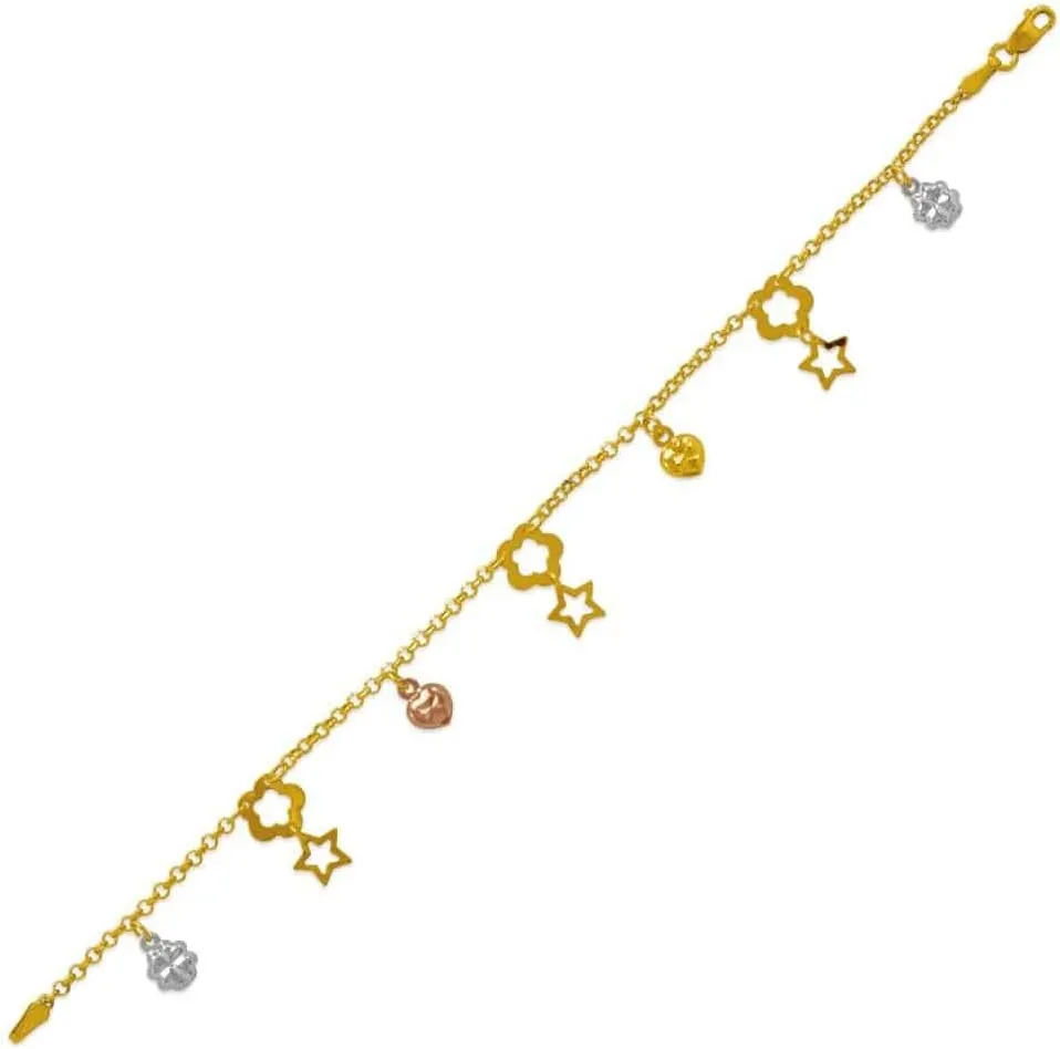 14K Tricolor Gold Charm Bracelet Anklet - Heart and Star Ankle Bracelets - Pretty Jewelry Gift for Women and Her - Summer or Winter Beach Barefoot Due Anklet- 7" to 10" Length