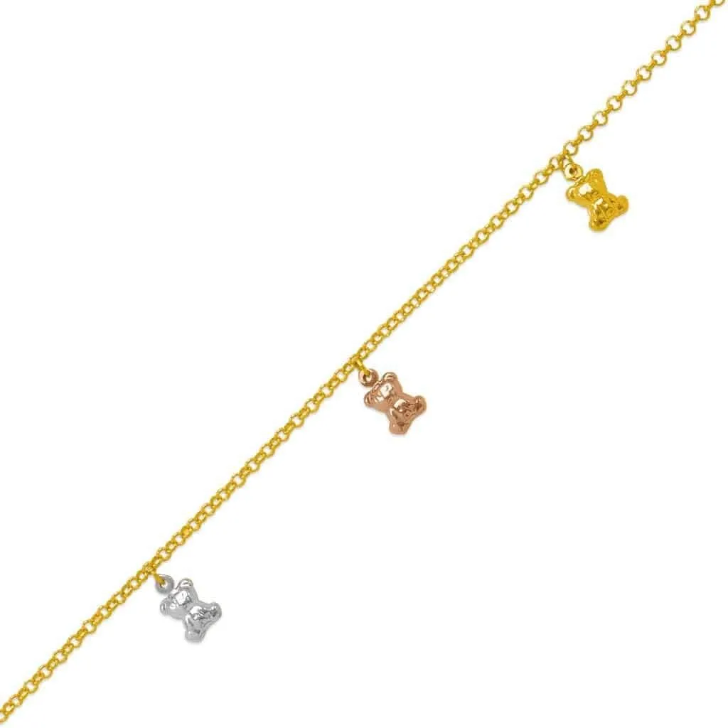 14K Tricolor Gold Taddy Bear Charm Bracelet Anklet - Pretty Foot Jewelry Gift for Women and Her - Summer or Winter Beach Barefoot Due Anklet - 10" Length