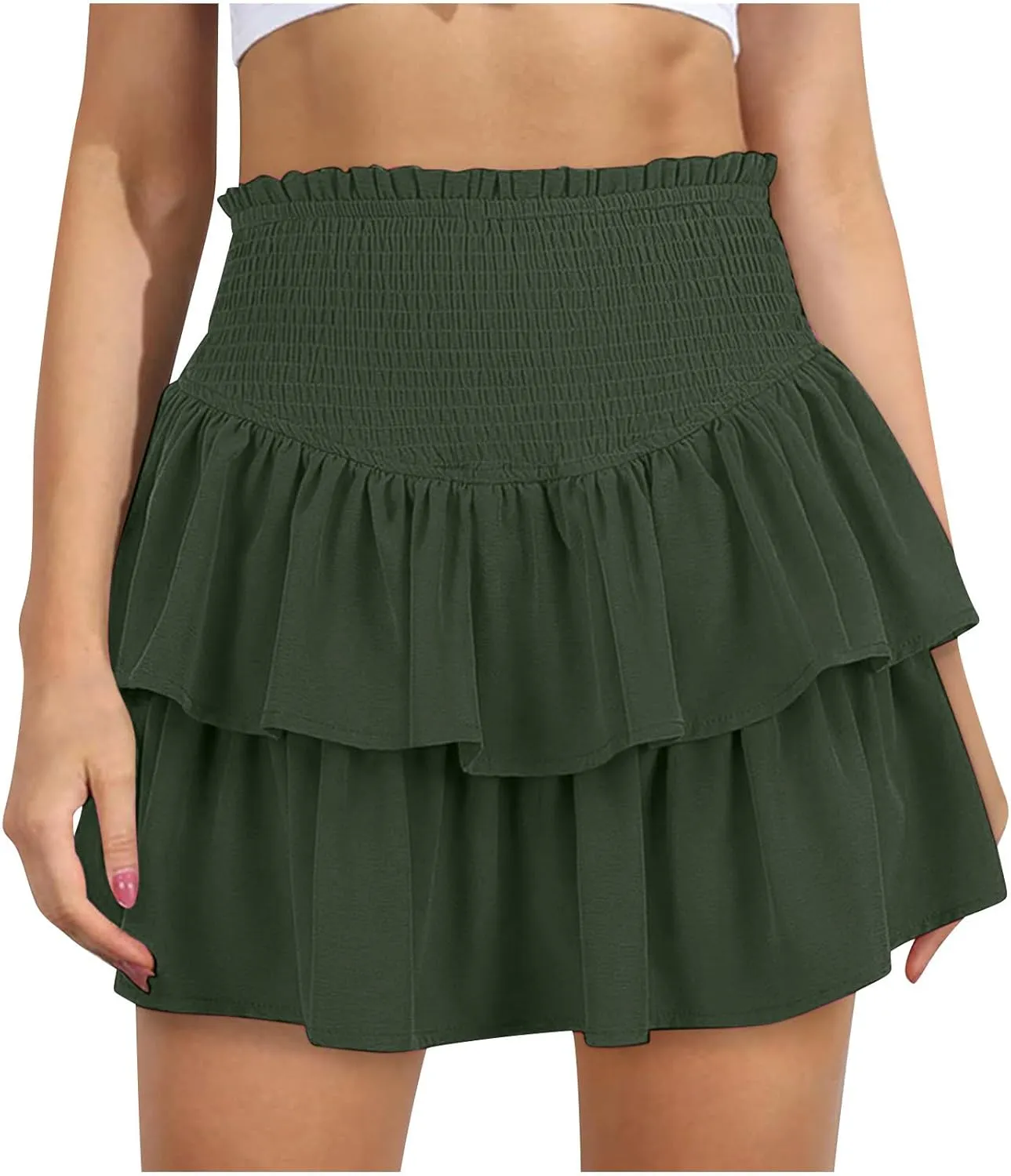 2025 New Skirts for Women Classic Layered Short Skirt Solid Color High Waisted Casual Skirt Pleated Beach Boho Skirt