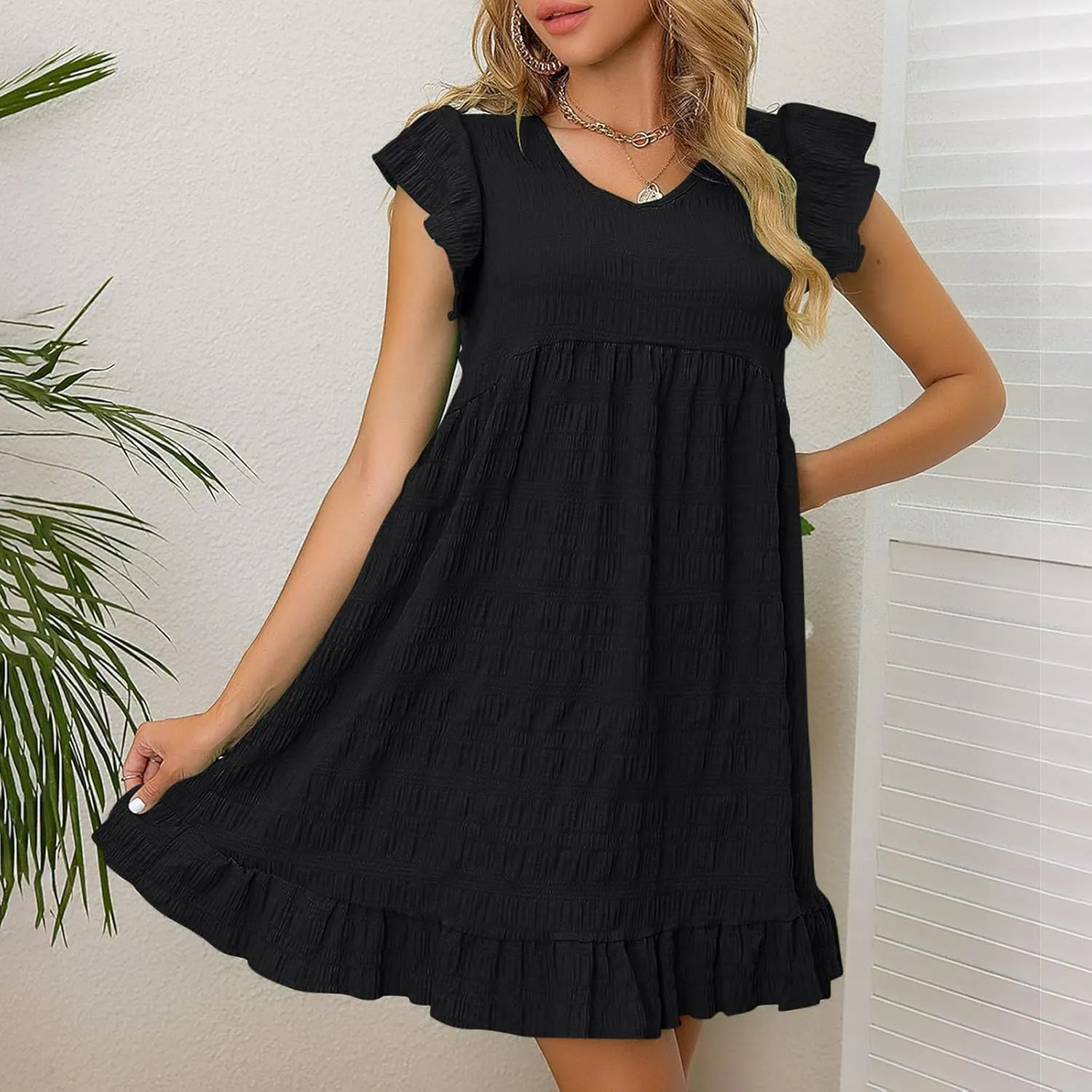 2025 Womens Summer Dresses Casual Ruffle Short Sleeve Smocked V Neck Dress Loose A-Line Swing Mini Dress Sundress