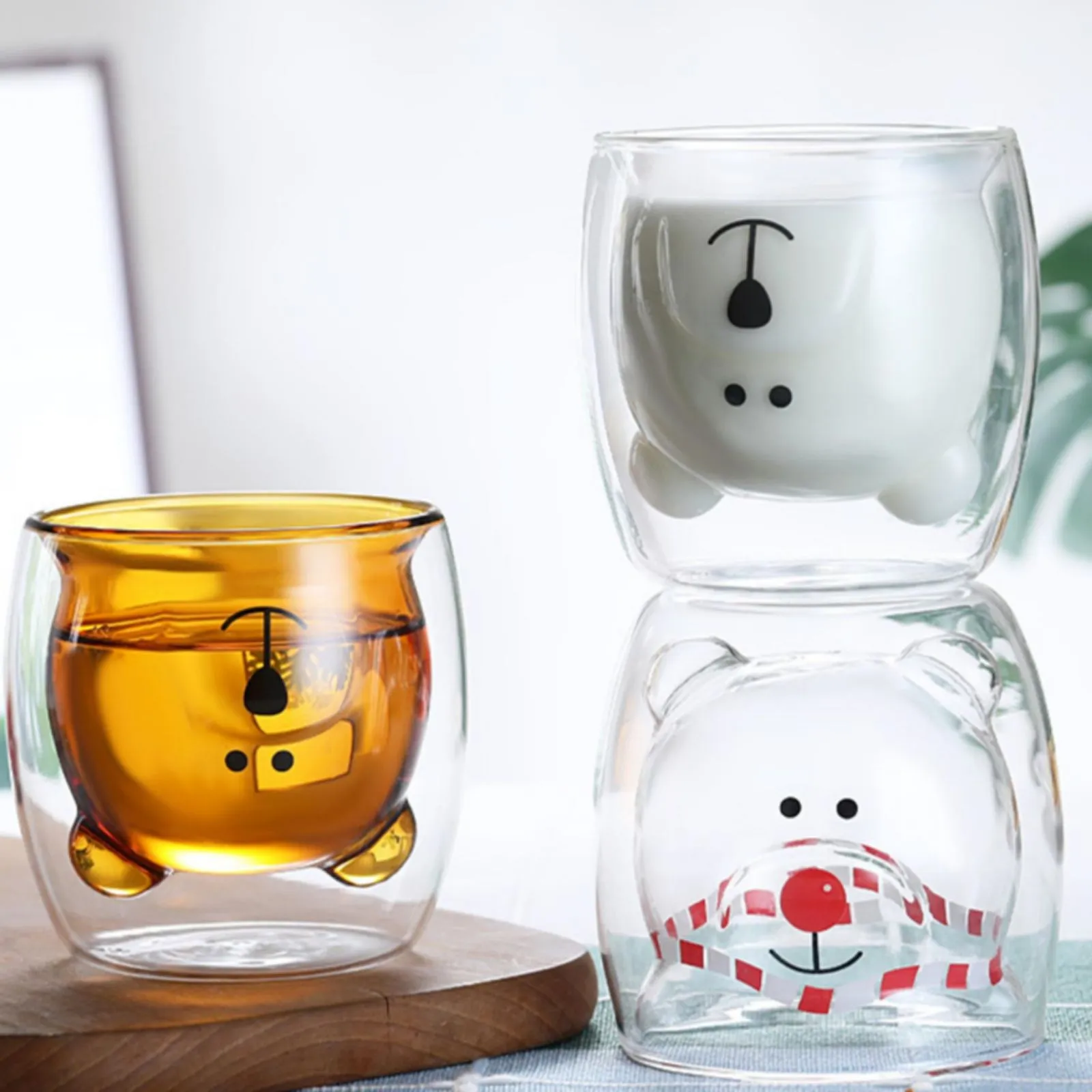 2pcs Cute Bear Mugs Double Wall Insulated Glasses for Juice Coffee Tea Milk - Pink Bear