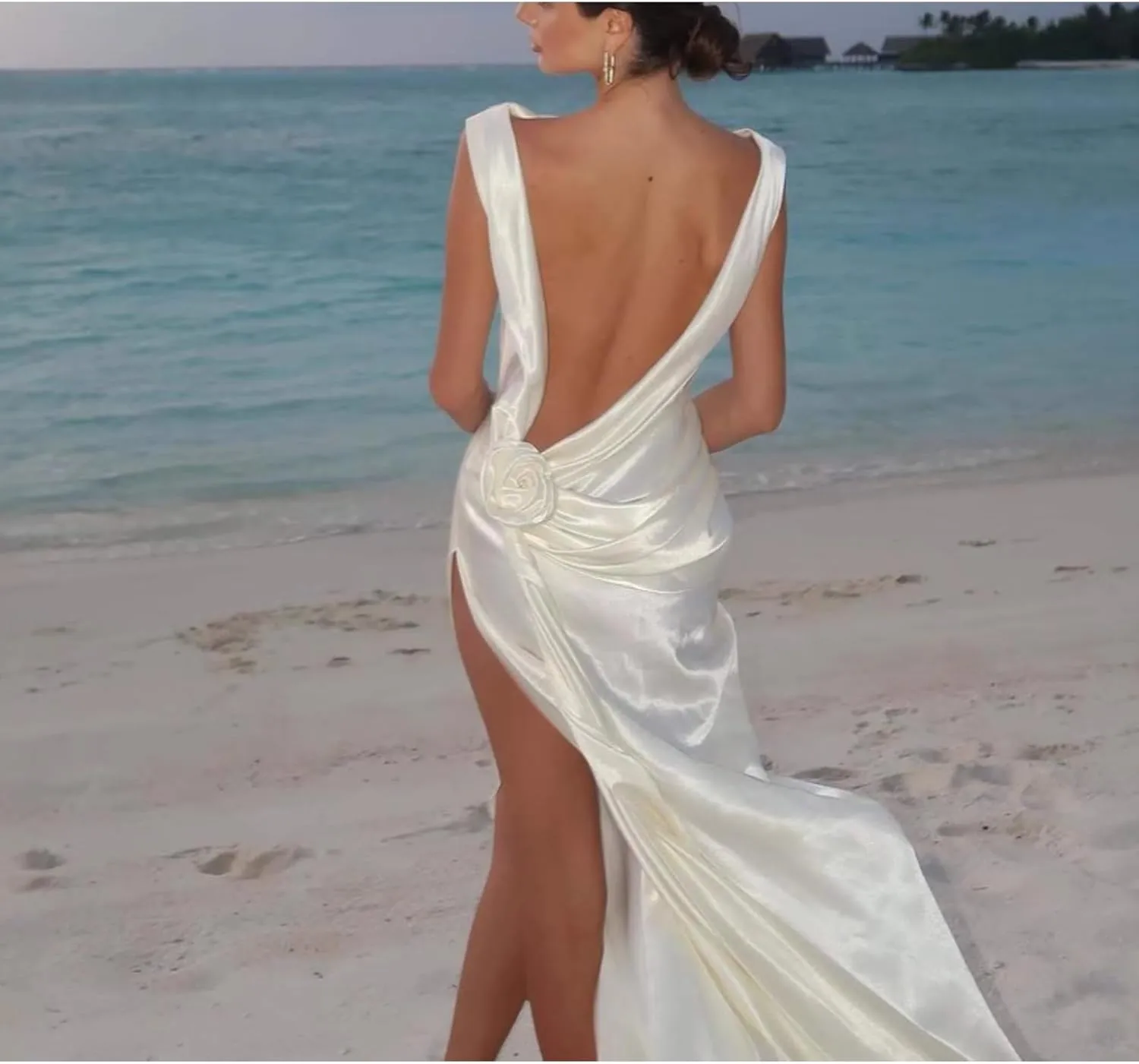 3D Flower Split Backless Dress Women Elegant Pleated Side Long Dresses Evening Party Beach Ribbon Loose Lady Robe