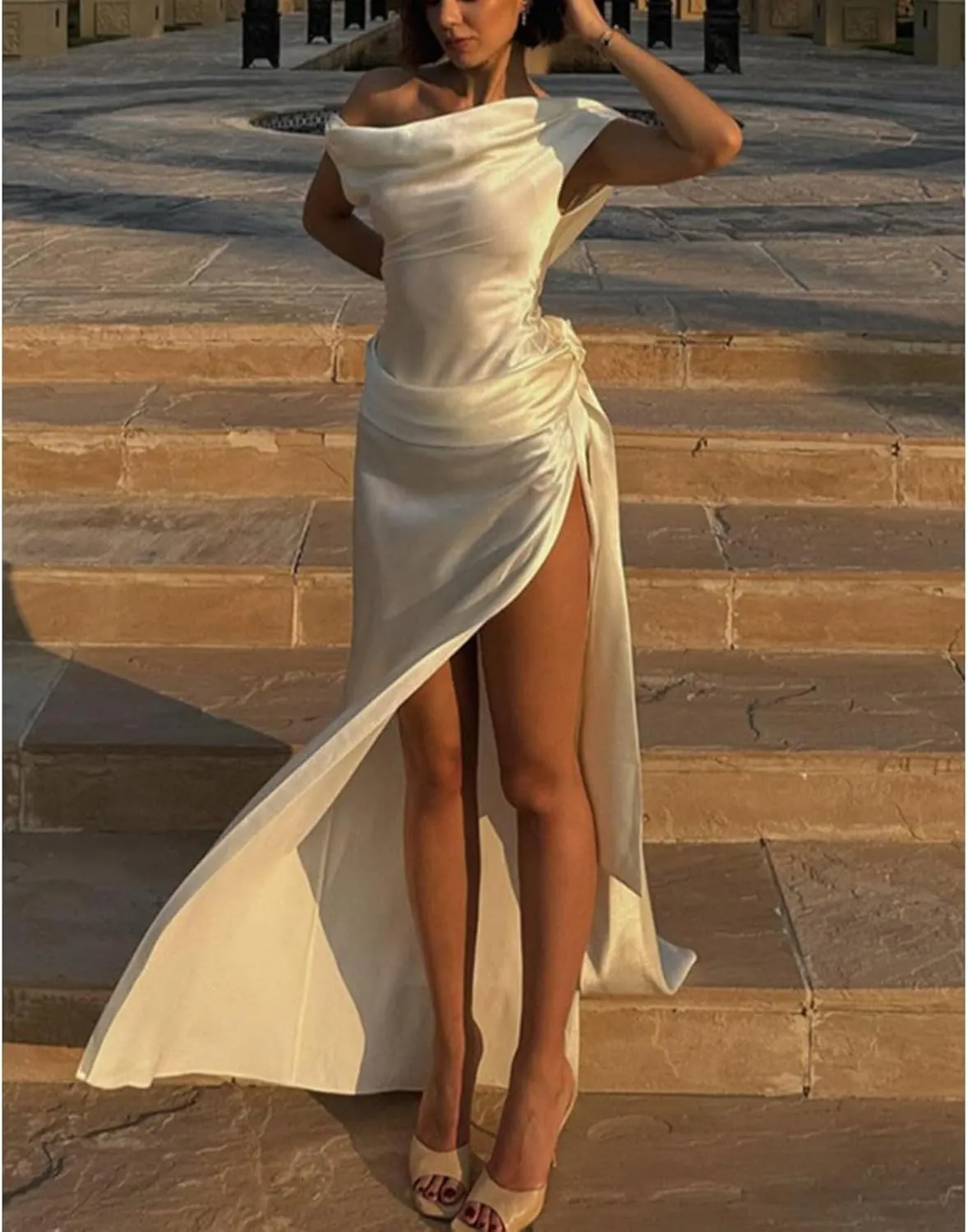 3D Flower Split Backless Dress Women Elegant Pleated Side Long Dresses Evening Party Beach Ribbon Loose Lady Robe