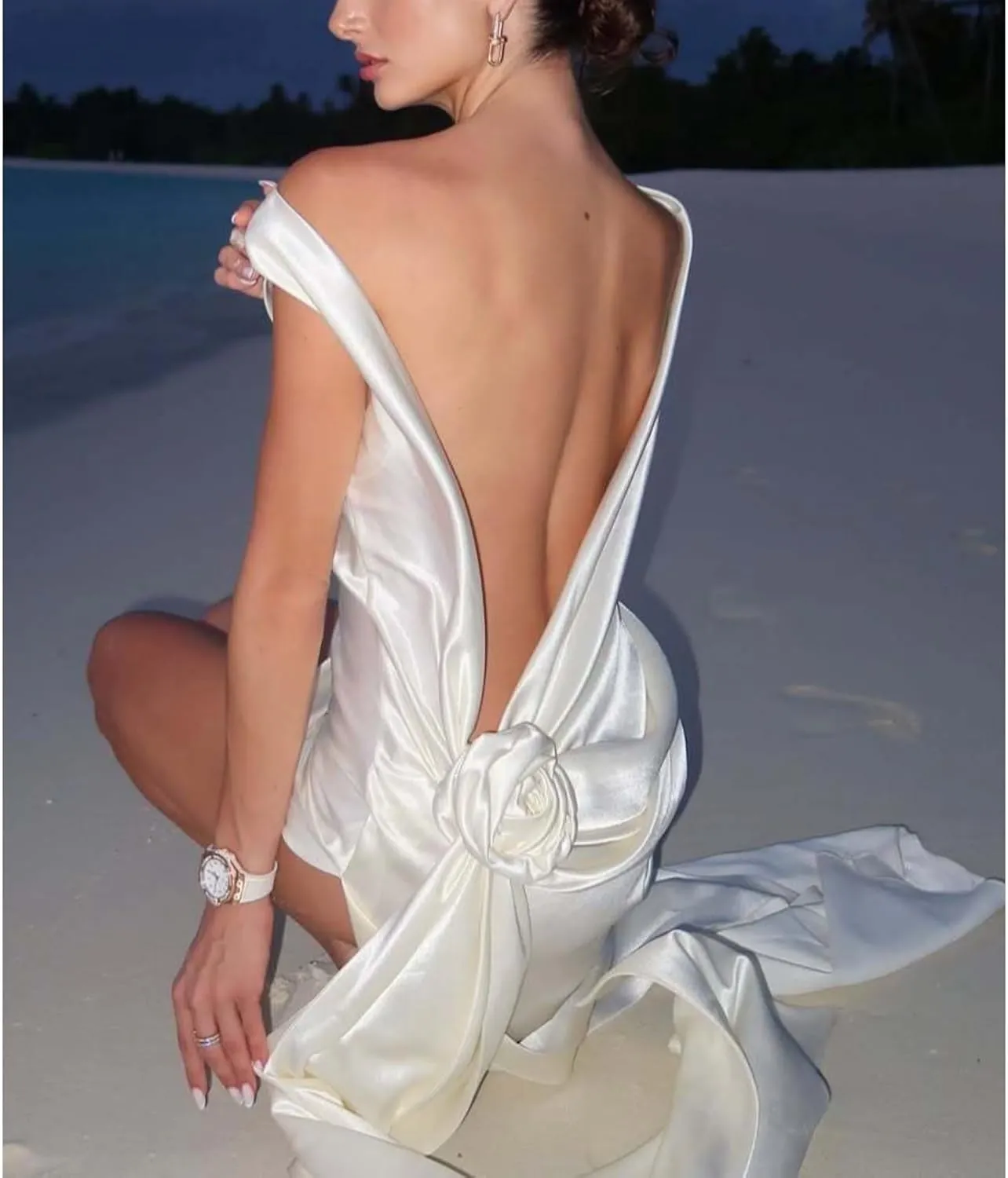 3D Flower Split Backless Dress Women Elegant Pleated Side Long Dresses Evening Party Beach Ribbon Loose Lady Robe