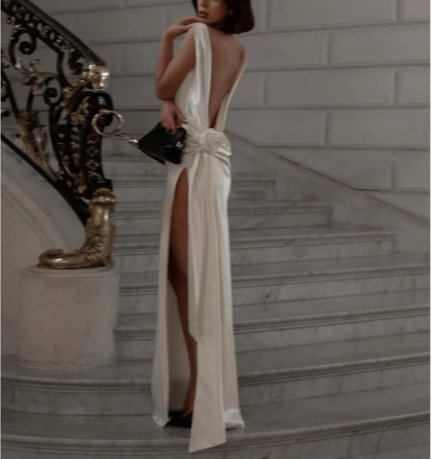 3D Flower Split Backless Dress Women Elegant Pleated Side Long Dresses Evening Party Beach Ribbon Loose Lady Robe