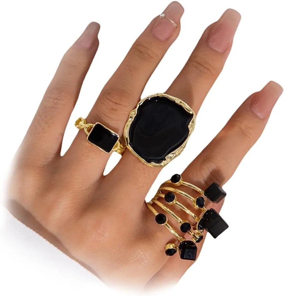 3Pcs Statement Chunky Gold Big Black CZ Enamel Drip Rings for Women, Retro Large Crystal Cocktail Finger Ring Set Punk Geometric Jewelry Accessories Gift