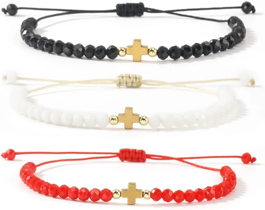 3PCS/set Colorful Crystal Beaded Drawstring Bracelet for Women,Dainty Gold Plated Cross Bracelets Charm Beads Handmade Fashion Jewelry Gifts