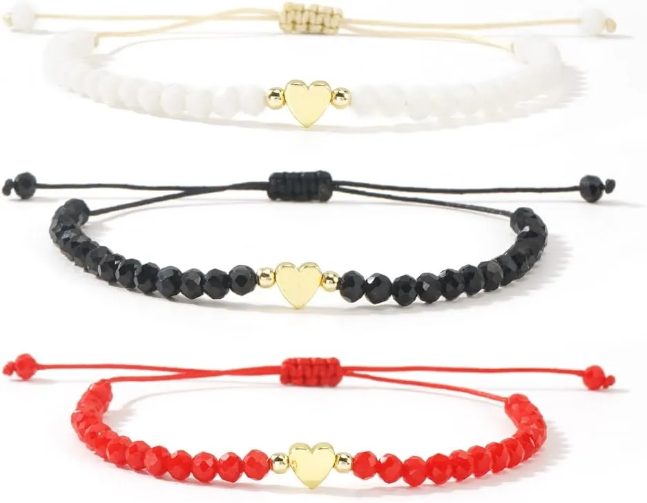 3PCS/set Colorful Crystal Beaded Drawstring Bracelet for Women,Dainty Gold Plated Love Heart Bracelets Charm Beads Handmade Fashion Jewelry Gifts