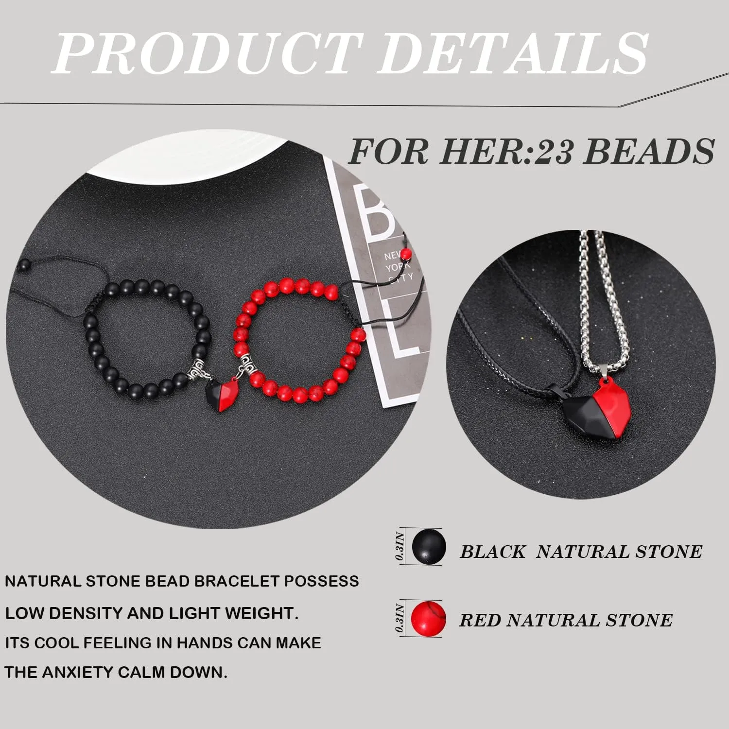 4Pcs Couples Bracelets Necklace Set for Women Men Matching Bracelets Necklace Couples Heart Necklace Bead Bracelet for Valentine's Day Natural Stone Bead Couple Jewelry