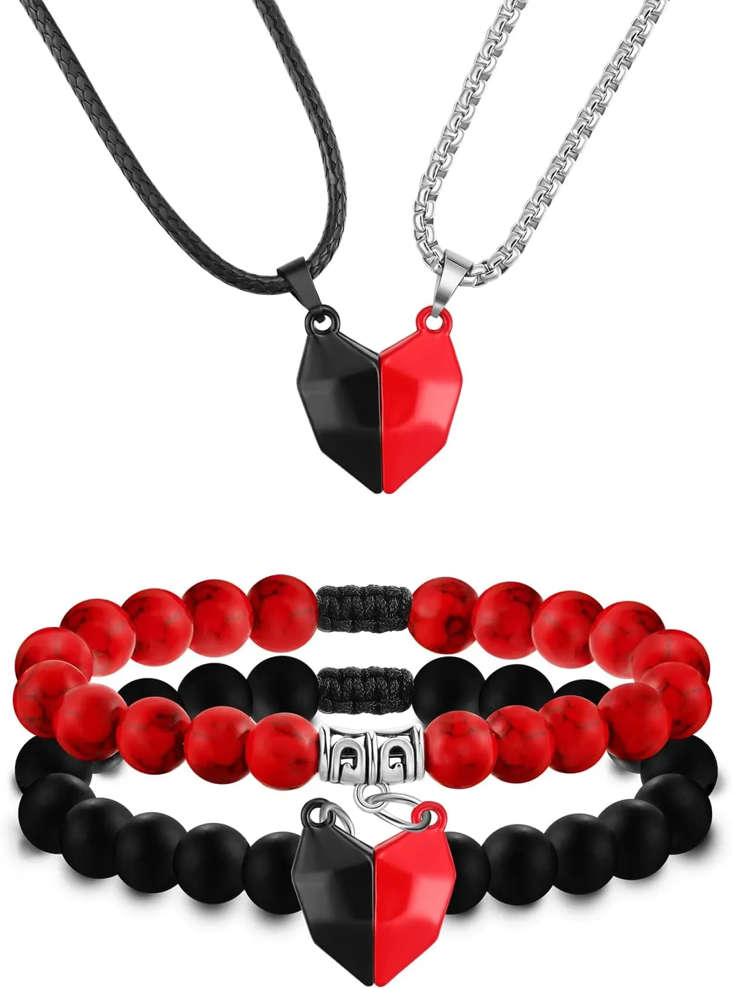 4Pcs Couples Bracelets Necklace Set for Women Men Matching Bracelets Necklace Couples Heart Necklace Bead Bracelet for Valentine's Day Natural Stone Bead Couple Jewelry