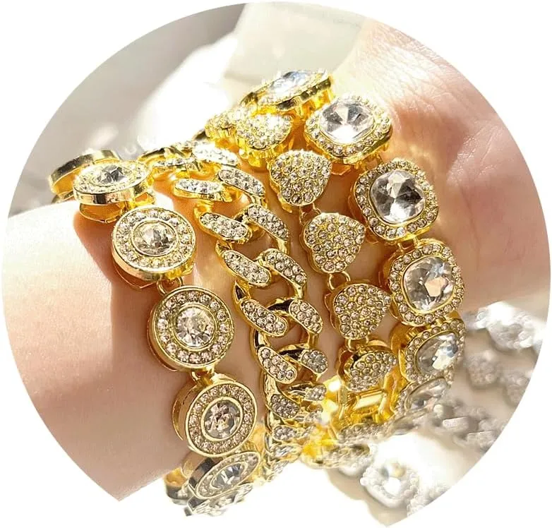 4PCS Layered Link Bracelet for Women Clustered Tennis Bracelet Heart Round Diamond Cuban Link Bracelet Set Fashion Jewelry Bracelet Set Gifts