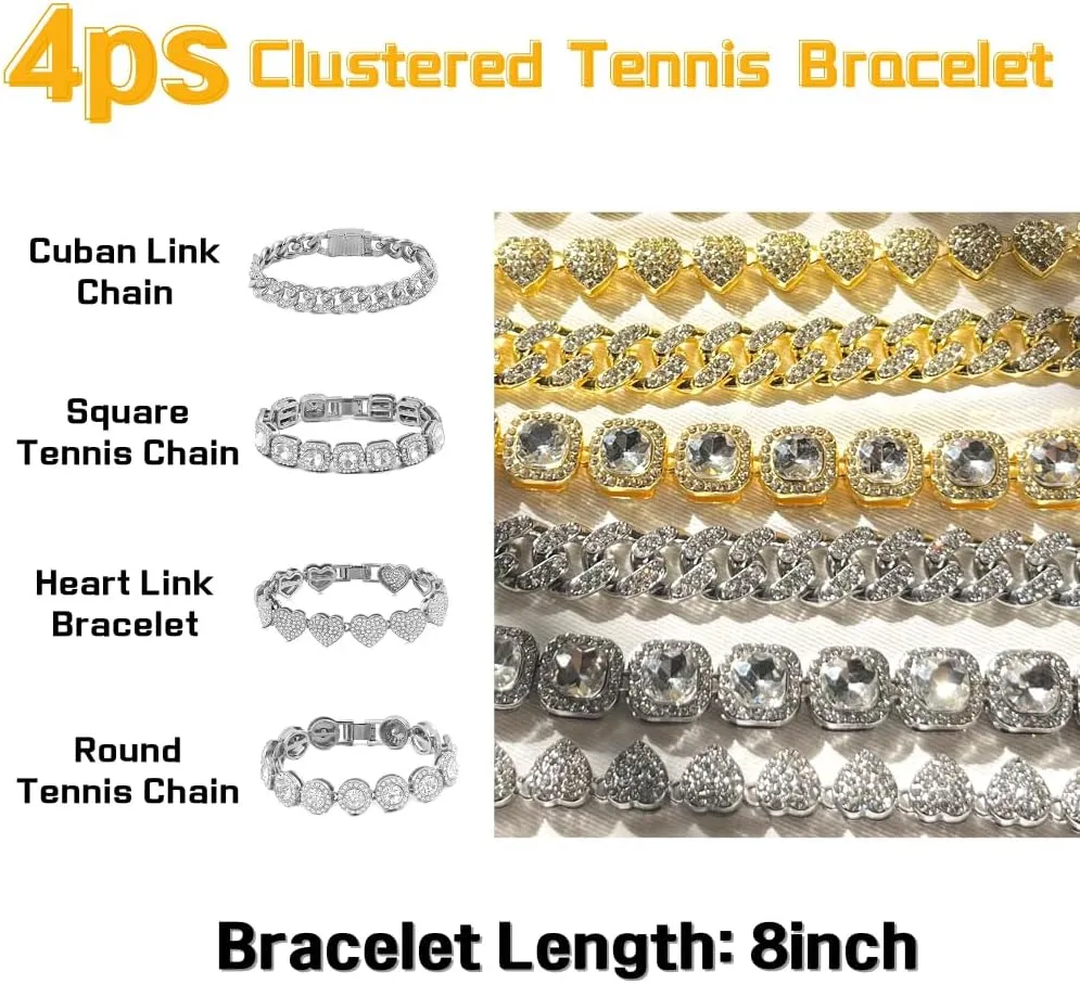 4PCS Layered Link Bracelet for Women Clustered Tennis Bracelet Heart Round Diamond Cuban Link Bracelet Set Fashion Jewelry Bracelet Set Gifts