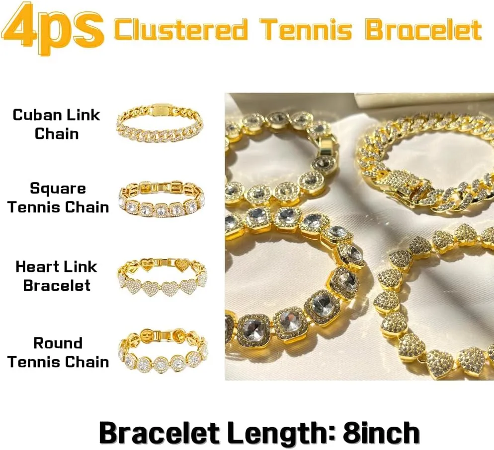 4PCS Layered Link Bracelet for Women Clustered Tennis Bracelet Heart Round Diamond Cuban Link Bracelet Set Fashion Jewelry Bracelet Set Gifts