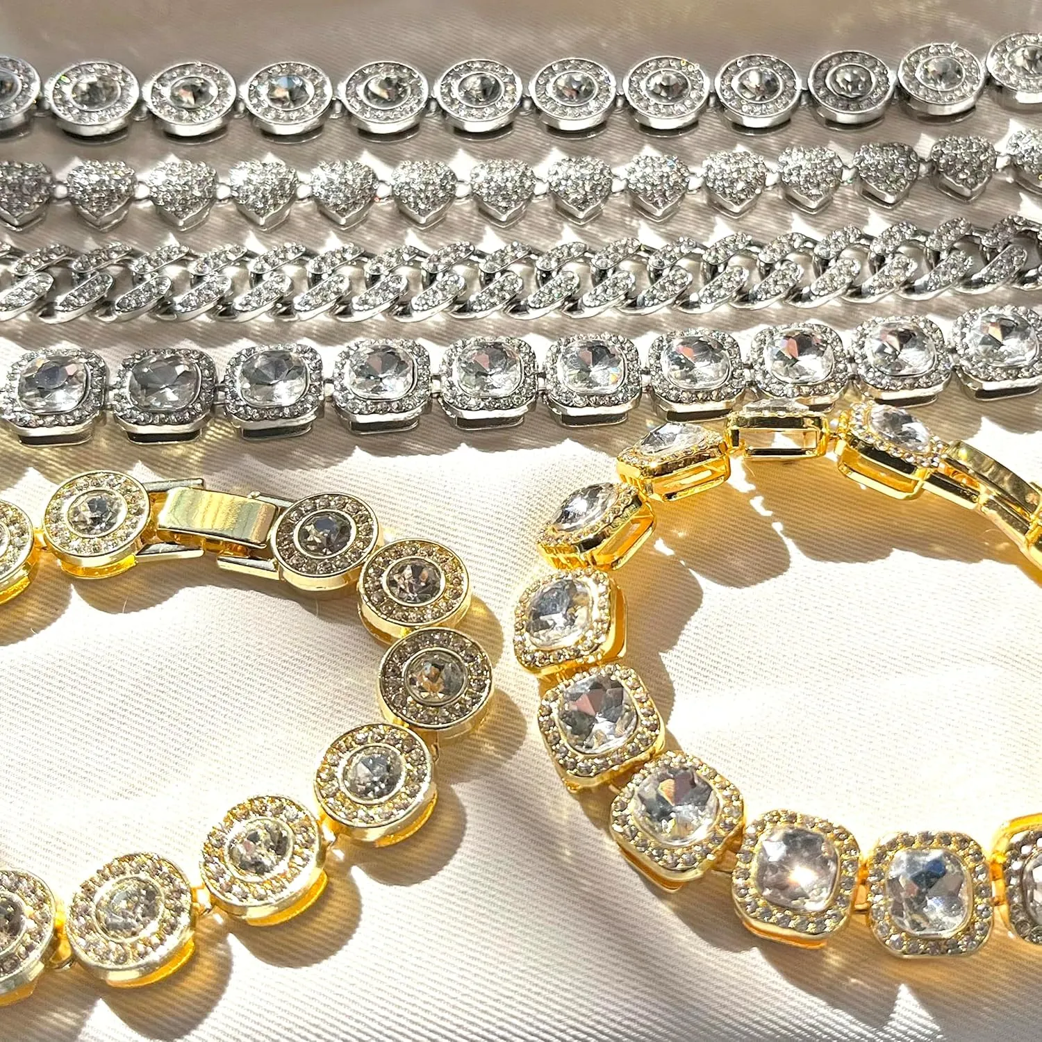 4PCS Layered Link Bracelet for Women Clustered Tennis Bracelet Heart Round Diamond Cuban Link Bracelet Set Fashion Jewelry Bracelet Set Gifts