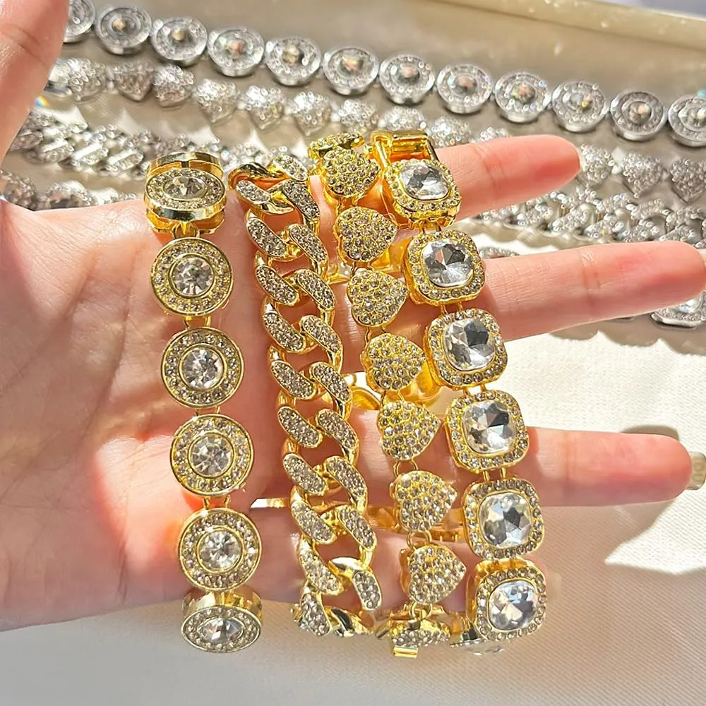4PCS Layered Link Bracelet for Women Clustered Tennis Bracelet Heart Round Diamond Cuban Link Bracelet Set Fashion Jewelry Bracelet Set Gifts