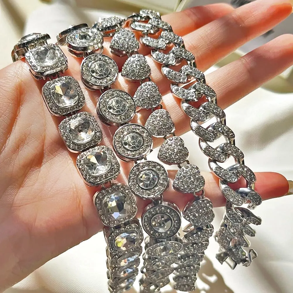 4PCS Layered Link Bracelet for Women Clustered Tennis Bracelet Heart Round Diamond Cuban Link Bracelet Set Fashion Jewelry Bracelet Set Gifts