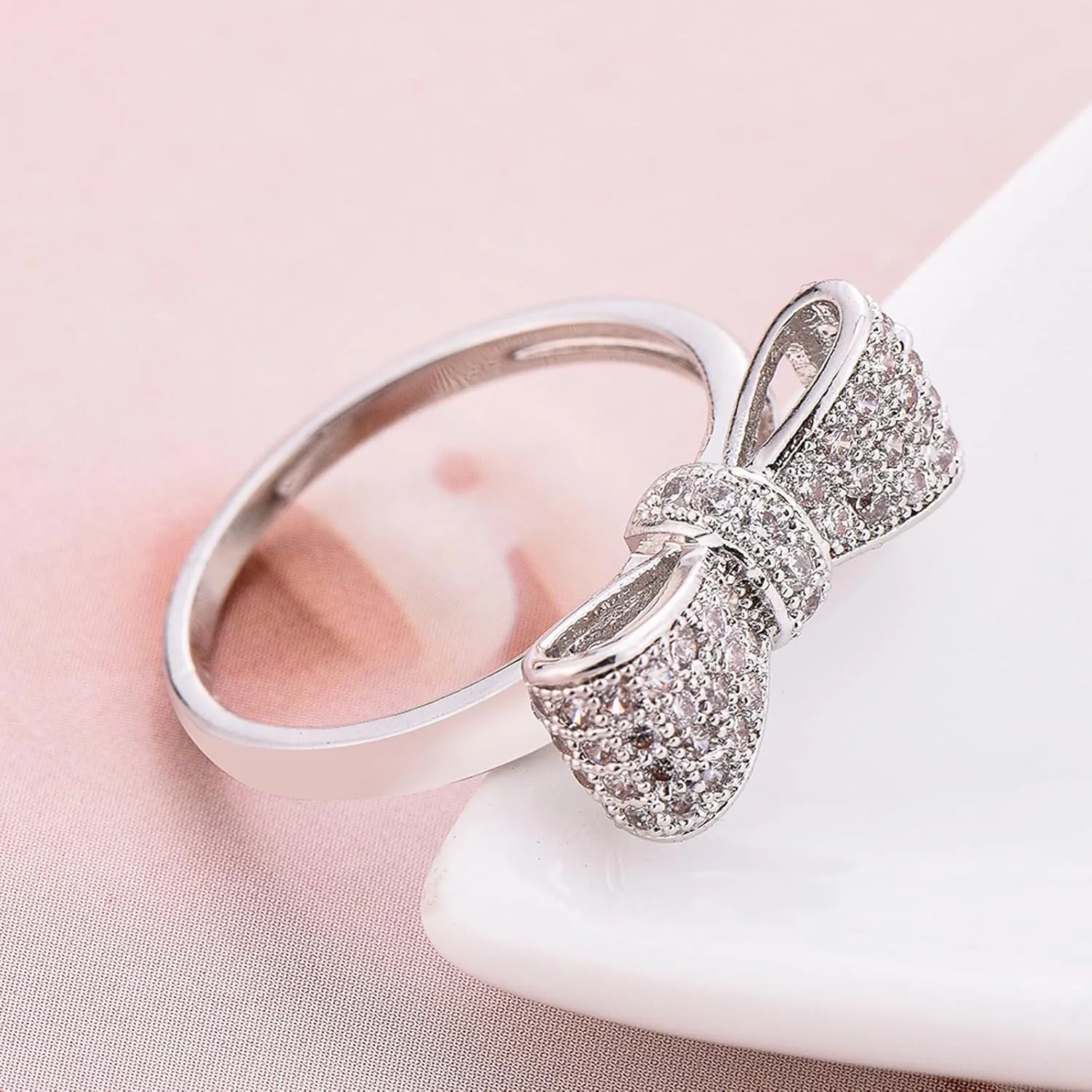 925 Sterling Silver Plated Bowtie Cubic Zirconia CZ Knot Stacking Wedding Band Rings Knuckle Statement Cocktail Jewelry for Women