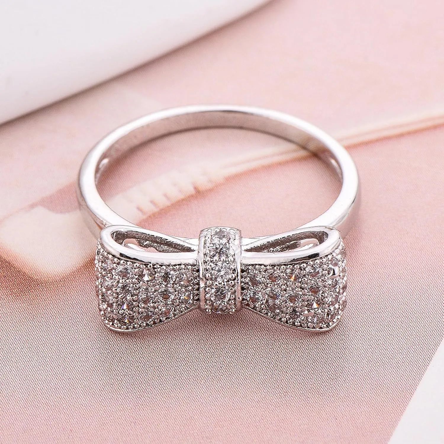 925 Sterling Silver Plated Bowtie Cubic Zirconia CZ Knot Stacking Wedding Band Rings Knuckle Statement Cocktail Jewelry for Women