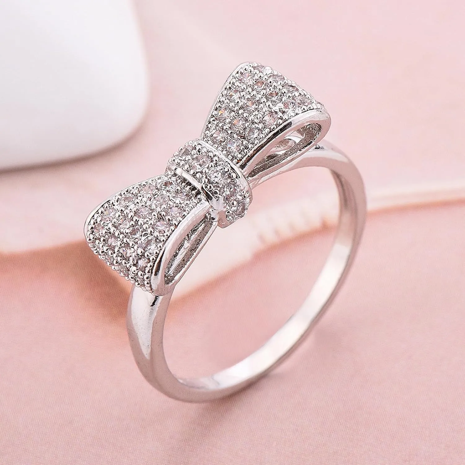 925 Sterling Silver Plated Bowtie Cubic Zirconia CZ Knot Stacking Wedding Band Rings Knuckle Statement Cocktail Jewelry for Women