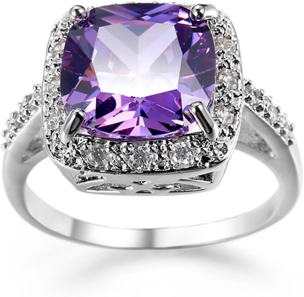 925 Sterling Silver Plated Cushion Cut Simulated Amethyst Halo Wedding Band Rings Knuckle Statement Cocktail Jewelry for Women