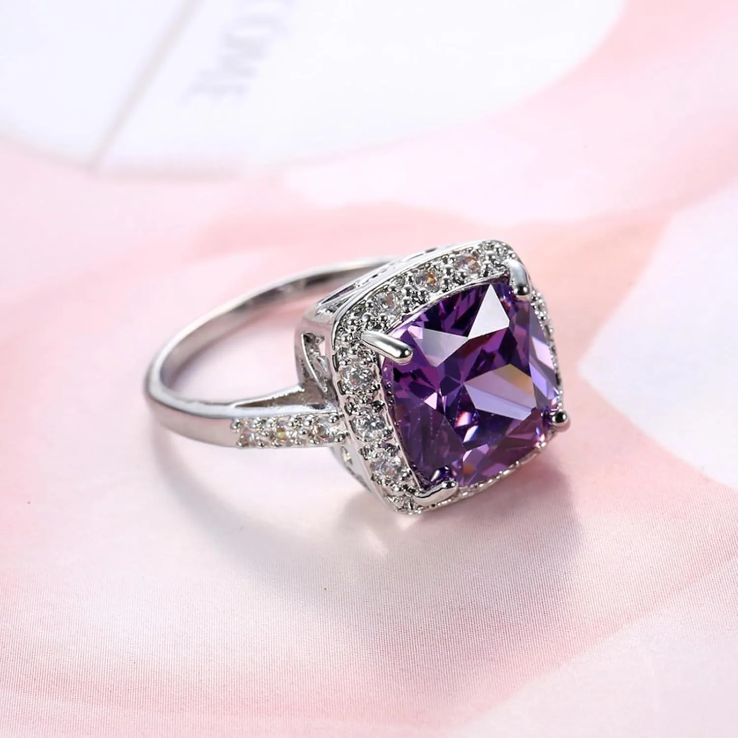 925 Sterling Silver Plated Cushion Cut Simulated Amethyst Halo Wedding Band Rings Knuckle Statement Cocktail Jewelry for Women