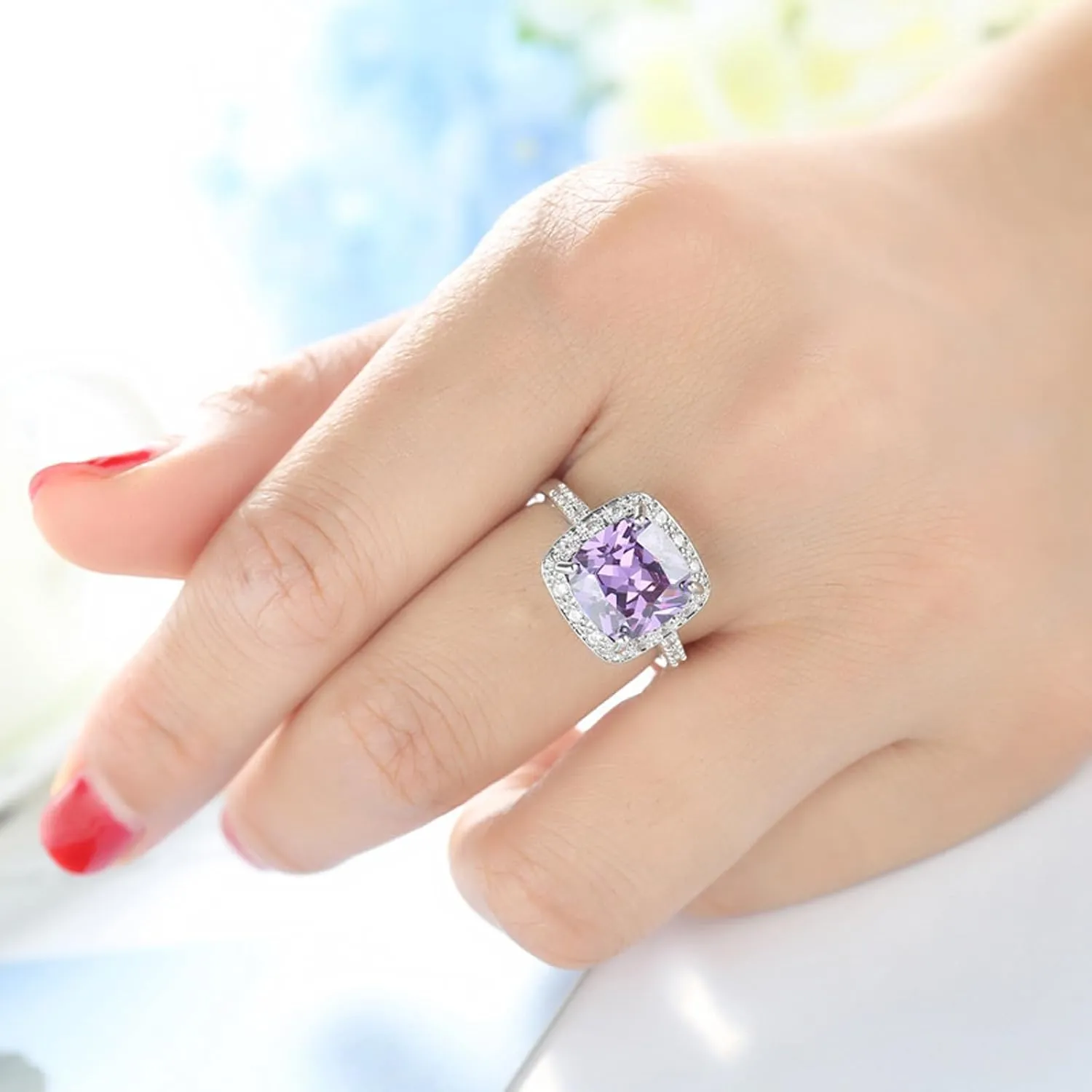 925 Sterling Silver Plated Cushion Cut Simulated Amethyst Halo Wedding Band Rings Knuckle Statement Cocktail Jewelry for Women