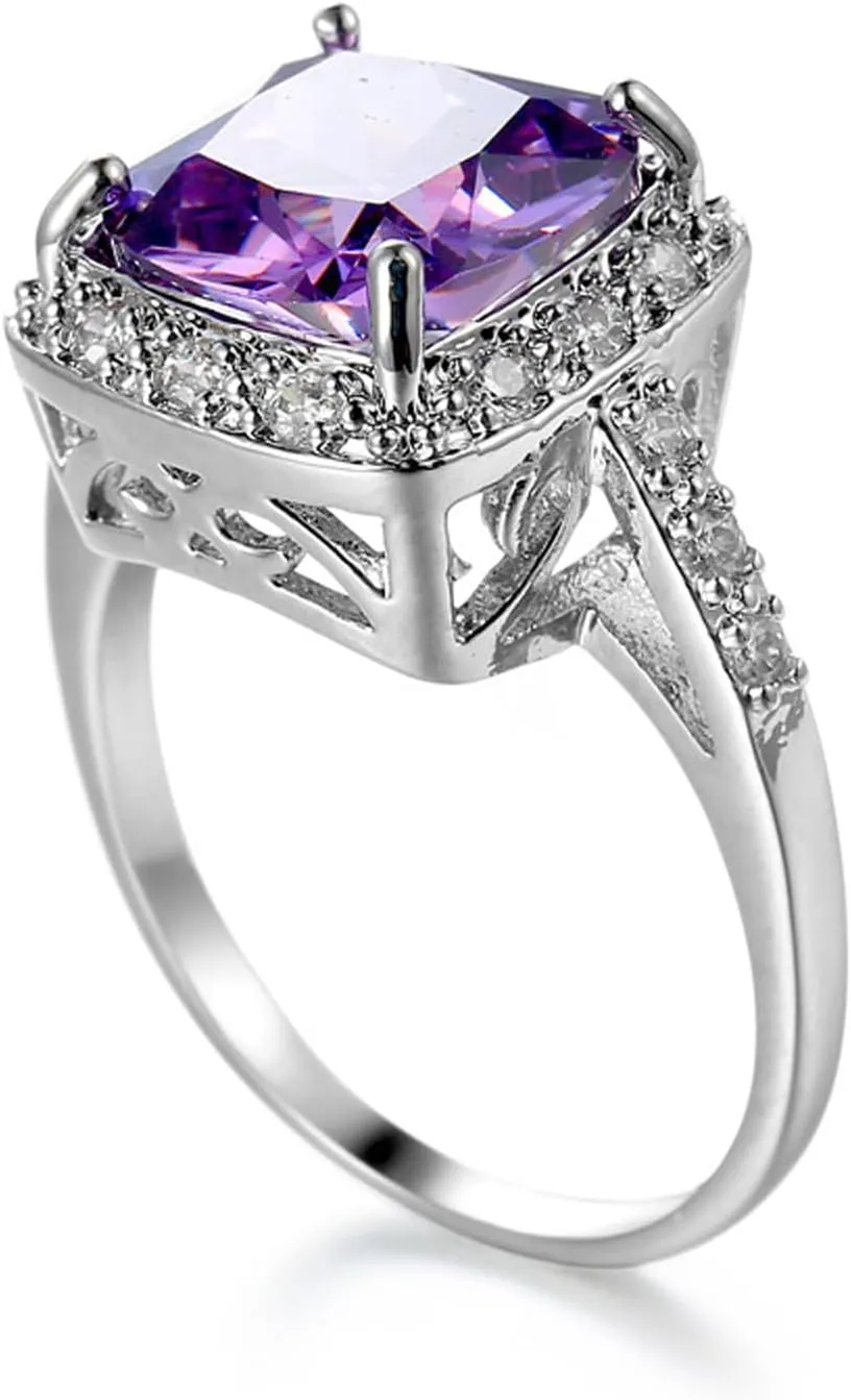 925 Sterling Silver Plated Cushion Cut Simulated Amethyst Halo Wedding Band Rings Knuckle Statement Cocktail Jewelry for Women