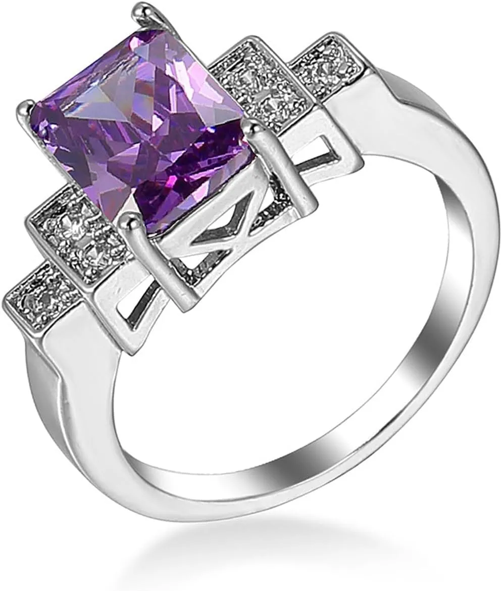 925 Sterling Silver Plated Emerald Cut Simulated Amethyst CZ Wedding Band Rings Knuckle Statement Cocktail Jewelry for Women