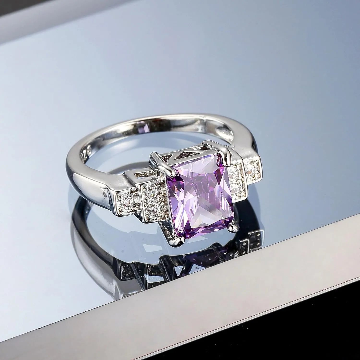 925 Sterling Silver Plated Emerald Cut Simulated Amethyst CZ Wedding Band Rings Knuckle Statement Cocktail Jewelry for Women