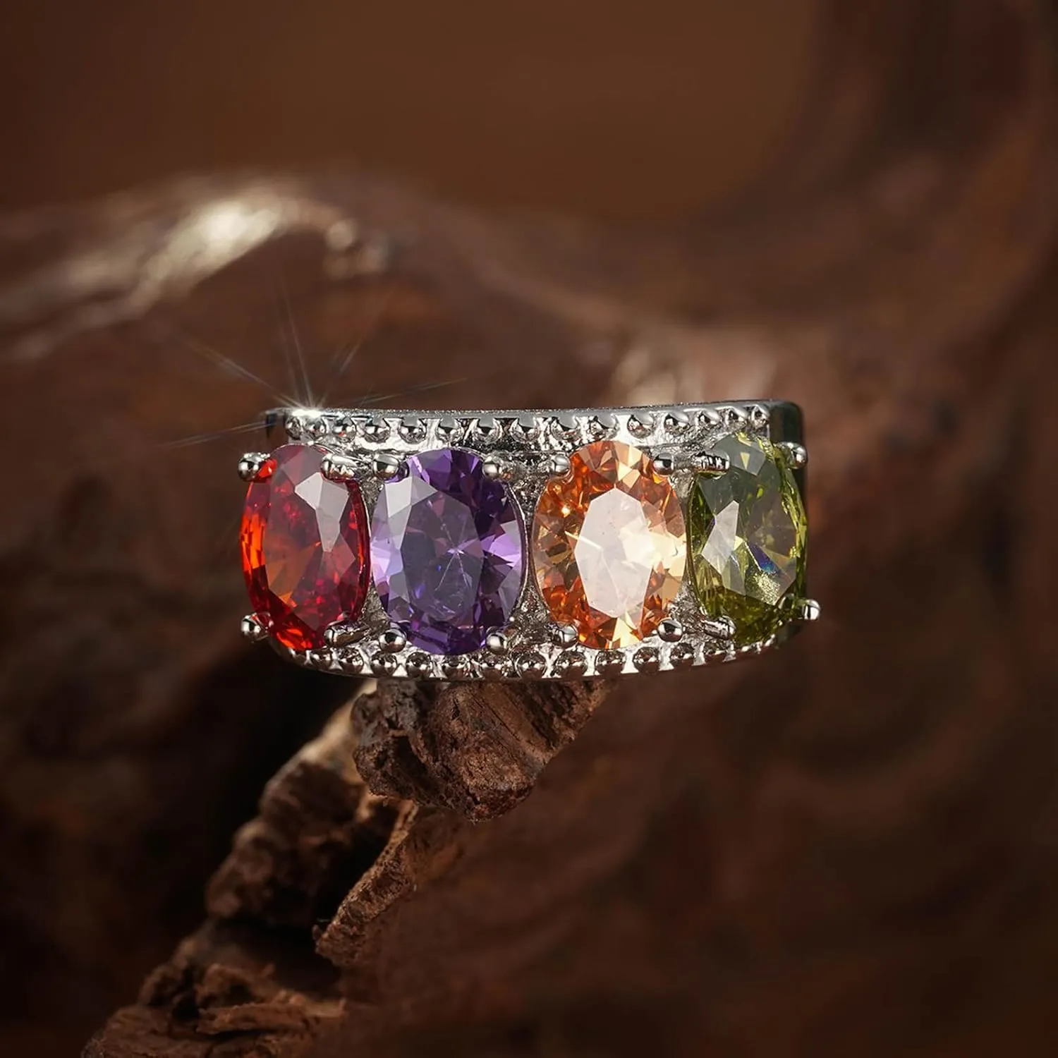 925 Sterling Silver Plated Oval Cut Simulated Gemstone Stacking Wedding Band Rings Knuckle Statement Cocktail Jewelry for Women