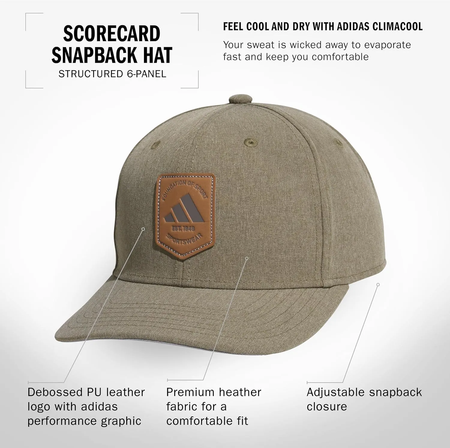adidas Men's Scorecard High Crown Low Curve Brim Snapback Adjustable Fit Course Style Hat