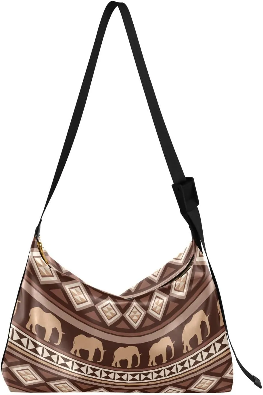 African Style Elephants Hobo Crossbody Bags for Women Leather Large Shoulder Bag Cross Body Geometrical Ethnic Ornamental Trendy Womens Tote Bags Handbag for Travel Shopping