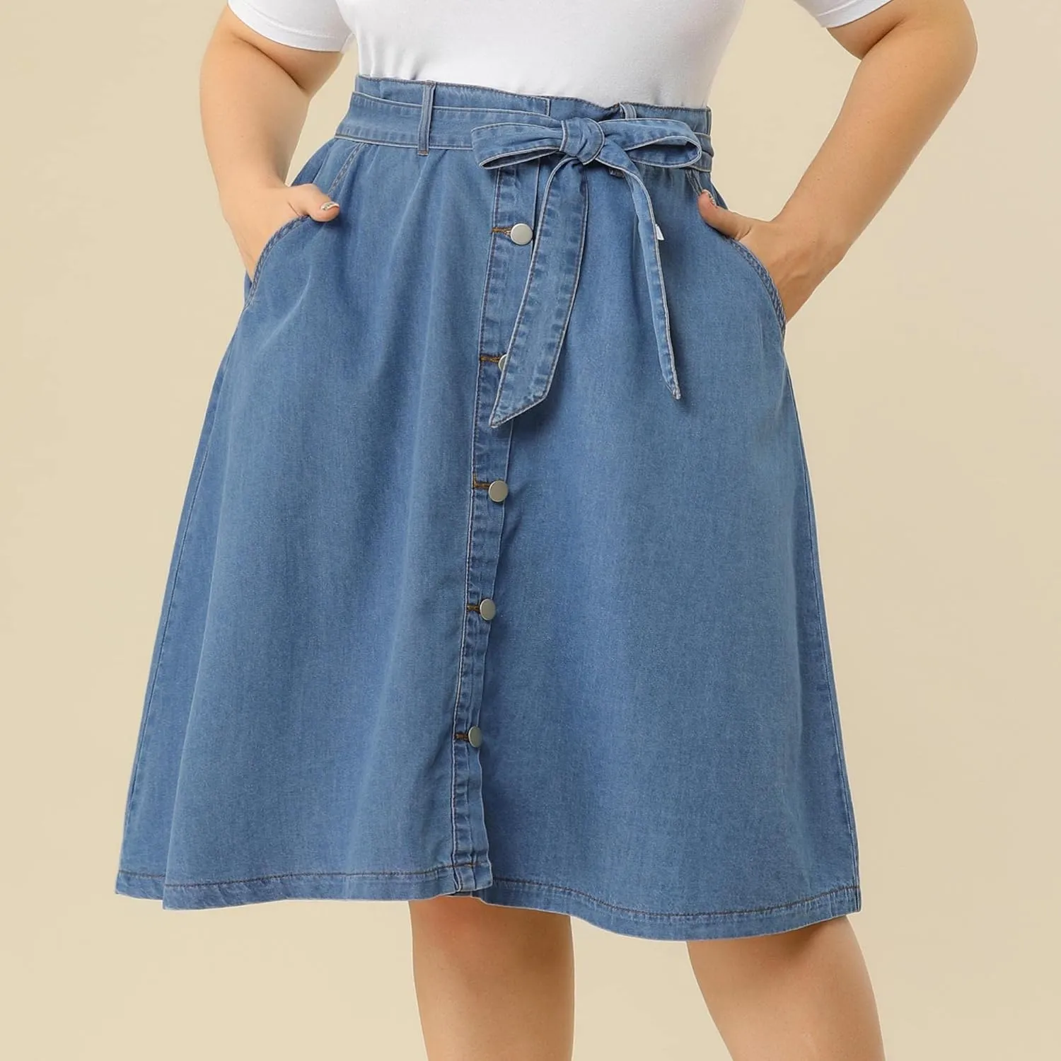 Agnes Orinda Plus Size Women's Denim Skirts Tie Waist A-Line with Pockets Midi Summer Jeans Skirts