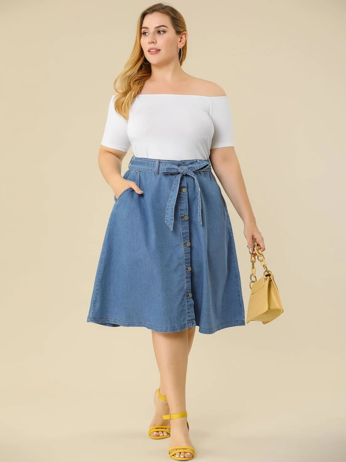 Agnes Orinda Plus Size Women's Denim Skirts Tie Waist A-Line with Pockets Midi Summer Jeans Skirts
