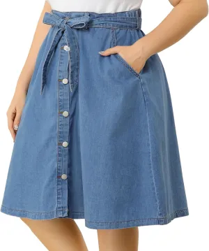Agnes Orinda Plus Size Women's Denim Skirts Tie Waist A-Line with Pockets Midi Summer Jeans Skirts