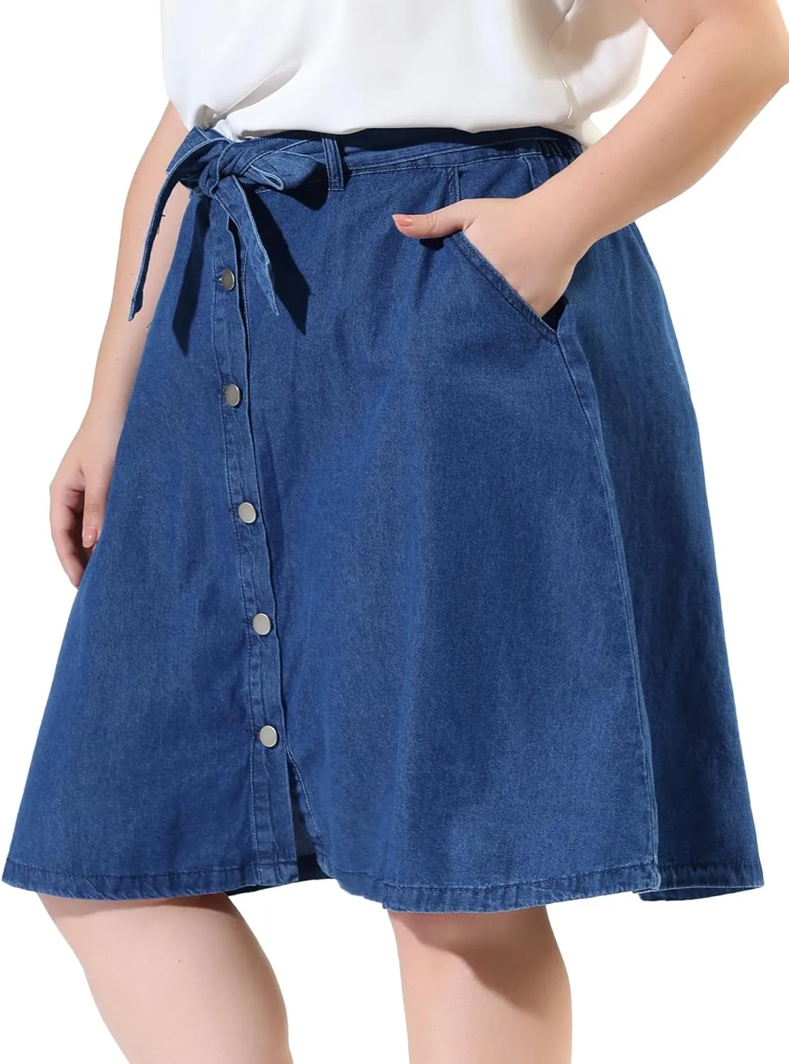 Agnes Orinda Plus Size Women's Denim Skirts Tie Waist A-Line with Pockets Midi Summer Jeans Skirts