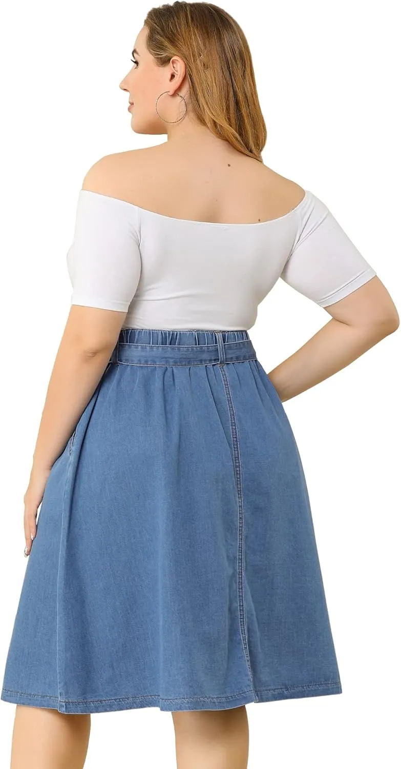 Agnes Orinda Plus Size Women's Denim Skirts Tie Waist A-Line with Pockets Midi Summer Jeans Skirts