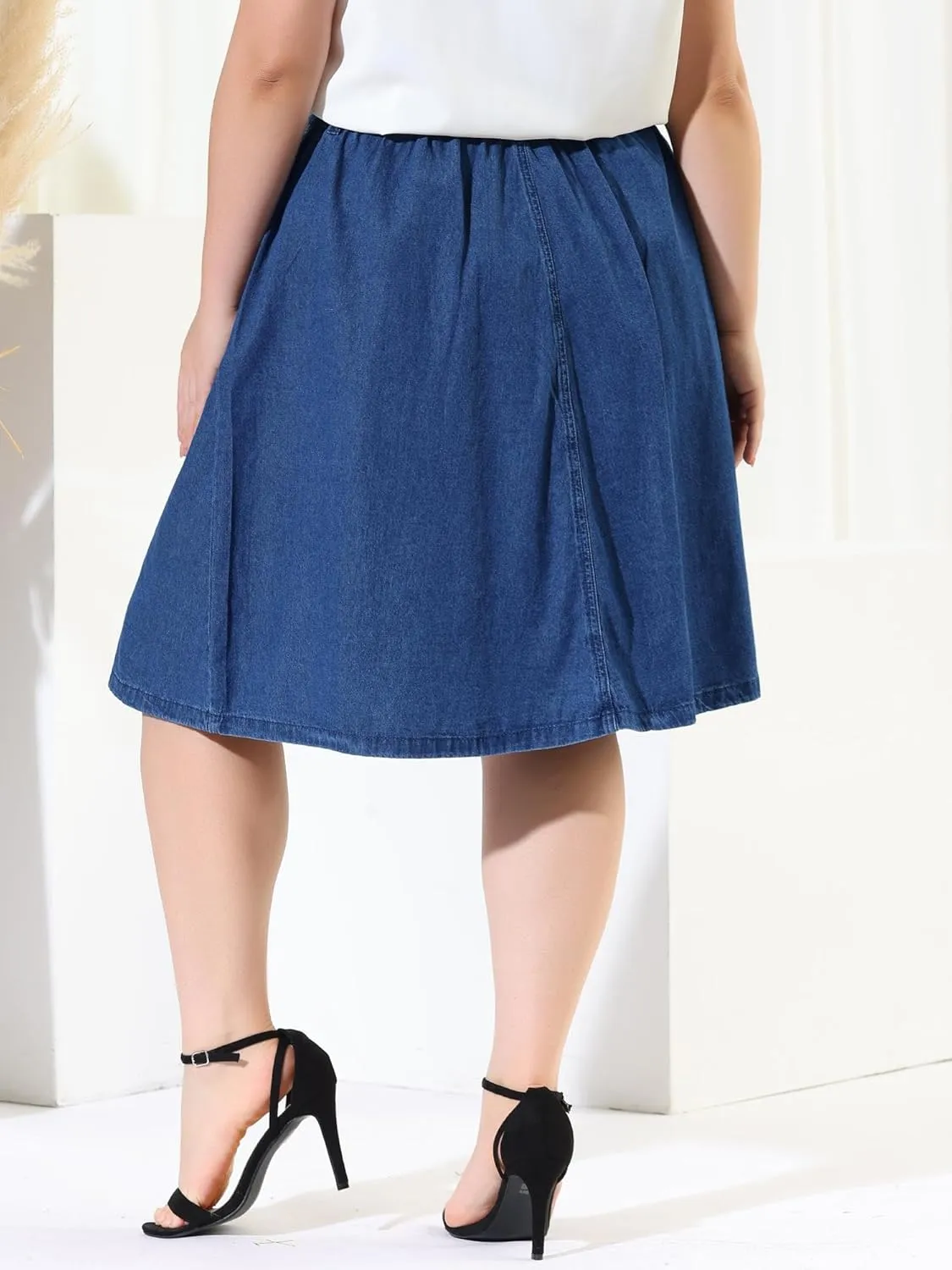 Agnes Orinda Plus Size Women's Denim Skirts Tie Waist A-Line with Pockets Midi Summer Jeans Skirts