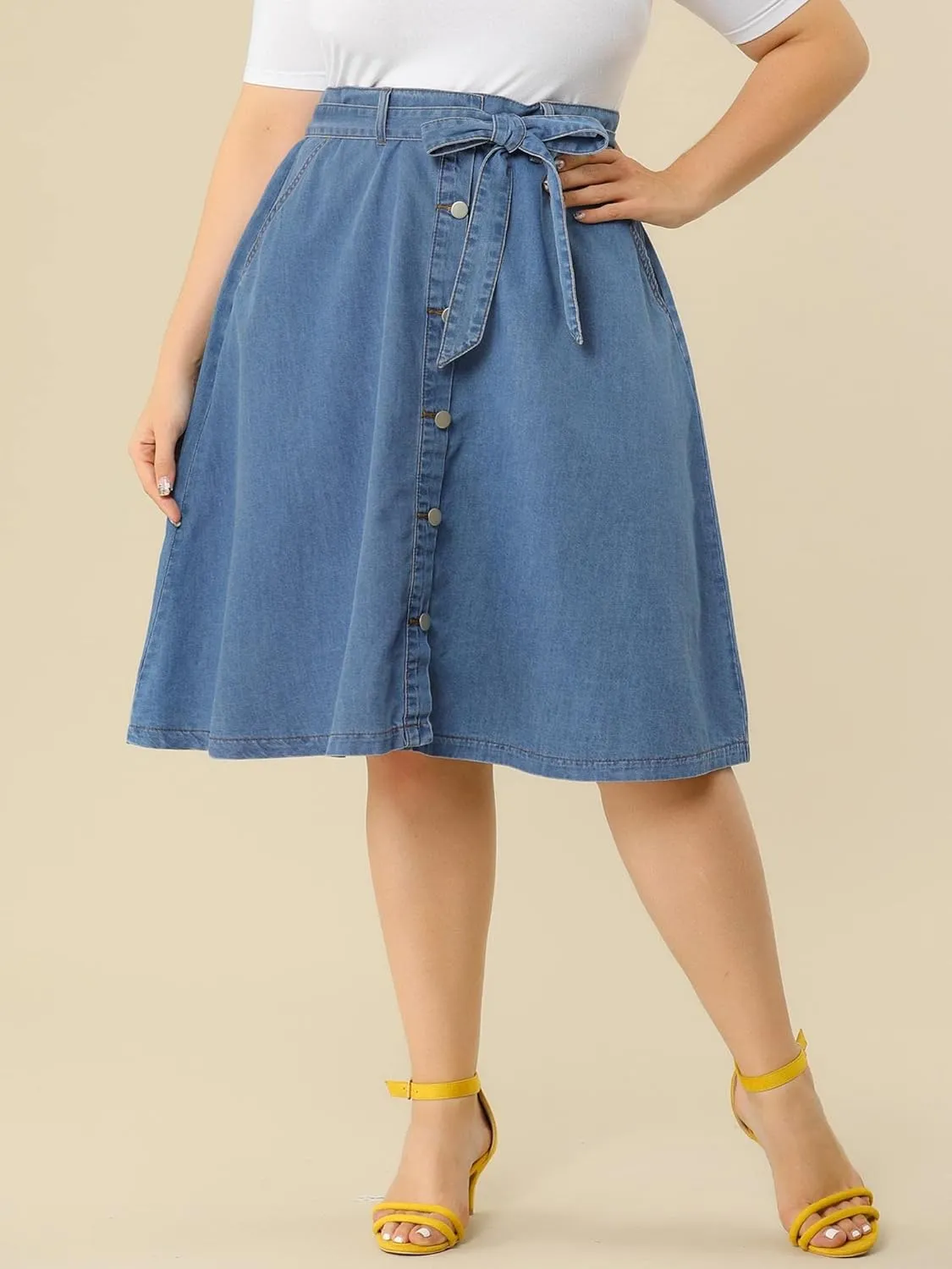 Agnes Orinda Plus Size Women's Denim Skirts Tie Waist A-Line with Pockets Midi Summer Jeans Skirts
