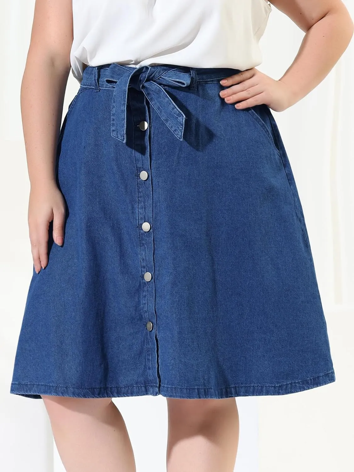 Agnes Orinda Plus Size Women's Denim Skirts Tie Waist A-Line with Pockets Midi Summer Jeans Skirts