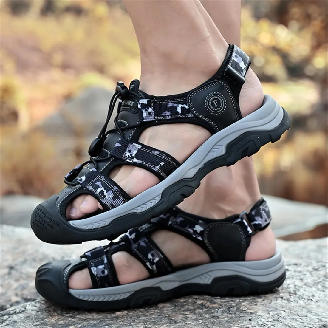ailishabroy Mens Sandals Leather Hiking Slides Sport Slippers Fisherman Beach Shoes Closed Toe